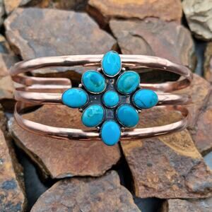 Turquoise Cluster Cuff Bracelet Copper Southwestern Style Kingman Blue Sz 6.25-8